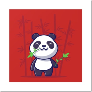Cute Panda Eat Bamboo Cartoon Vector Icon Illustration Posters and Art